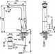 Ideal Standard Armatur mit ausziehbarem Auslauf, schwenkbar, schematische Darstellung der Maße und Anschlüsse für die Installation, klare lineare Gestaltung.
